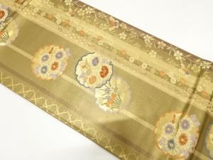 縞に雪輪・蝶・草花模様織り出し　袋帯
